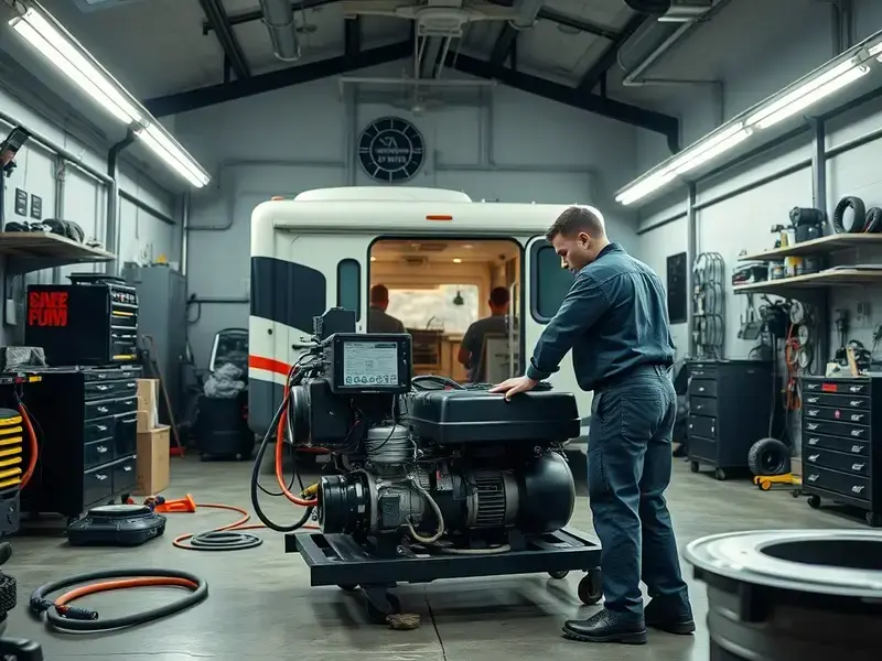 Professional RV repair workshop with certified technicians working on generator system
