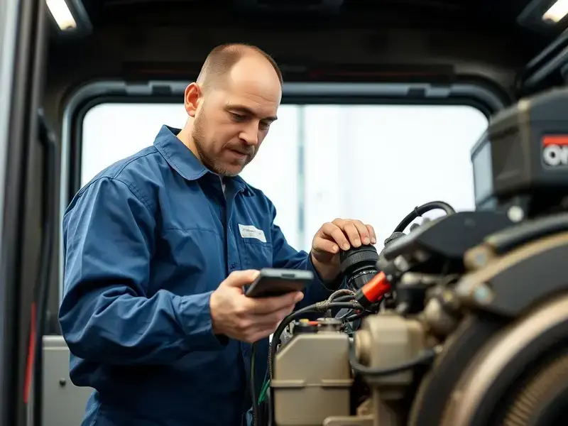 Professional mechanic inspecting RV generator system with diagnostic tools