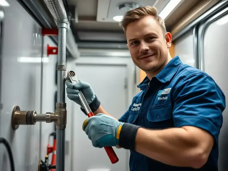 Professional plumber repairing RV water system with pipe wrench